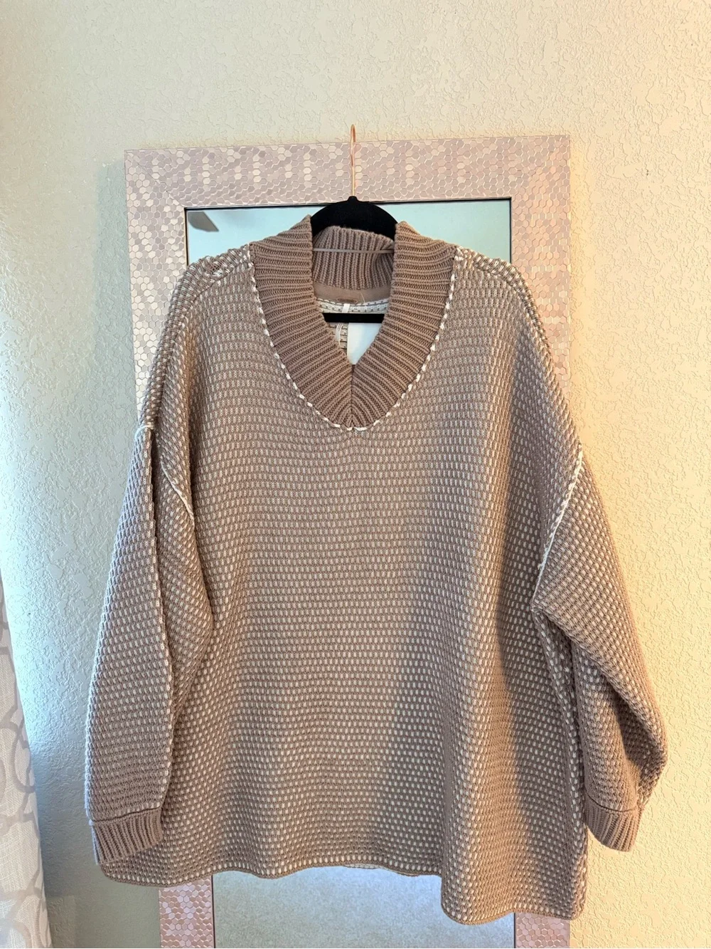 Free People Taupe V-Neck Chunky Knit Sweater